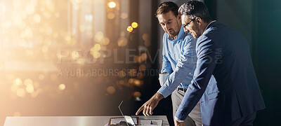 Buy stock photo Manager, night or business people with laptop for planning, investment research and budget advice. Teamwork, bokeh and financial advisor in discussion for space, accounting profit and growth report