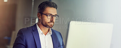 Buy stock photo Man, computer and reading in office for business, planning and economy research in banner. Mature trader, glasses and tech in agency for stock market update, latest news or cryptocurrency information