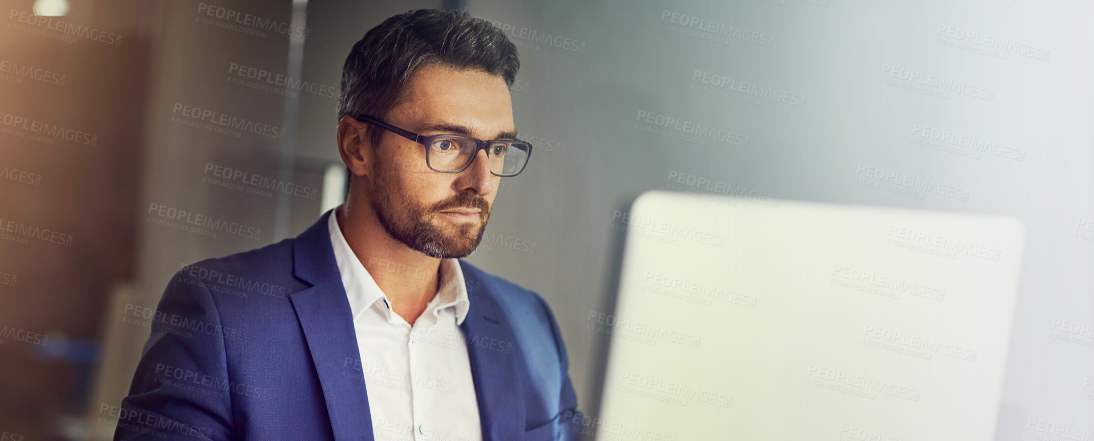 Buy stock photo Man, computer and reading in office for business, planning and economy research in banner. Mature trader, glasses and tech in agency for stock market update, latest news or cryptocurrency information