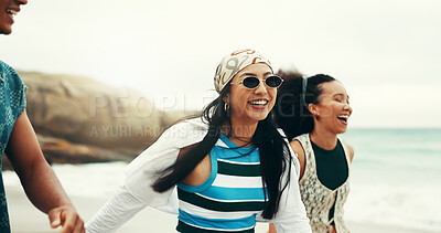 Buy stock photo Excited, friends and walking on beach outdoor for travel reunion, summer vacation and laugh of funny joke. Smile, people and sunglasses for holiday journey, social gathering and weekend trip at ocean