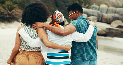 Buy stock photo Back, friends and walking with beach hug for travel reunion, summer vacation and bonding together. Smile, people and sunglasses for holiday journey, social gathering and weekend trip at ocean getaway