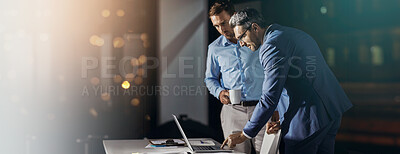 Buy stock photo Manager, night or business people with laptop for teamwork, investment research and budget advice. Planning, bokeh and financial advisor in discussion for banner, accounting space and news report