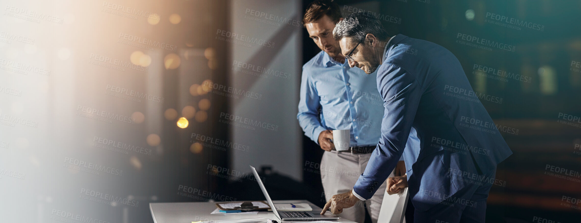 Buy stock photo Manager, night or business people with laptop for teamwork, investment research and budget advice. Planning, bokeh and financial advisor in discussion for banner, accounting space and news report