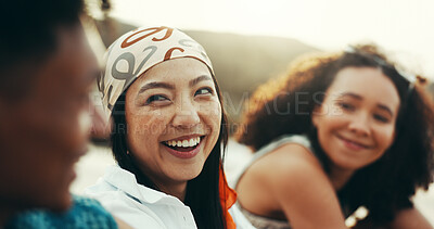 Buy stock photo Friends, laughing and relax on beach outdoor of travel reunion, summer vacation and talk for funny joke. Smile, people and women with discussion for holiday getaway, social gathering and weekend trip