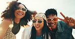 Happy friends, portrait and sunglasses with peace sign for selfie, photography or memory together on beach. People, group or smile with fashion or emoji for picture or summer vacation by ocean coast