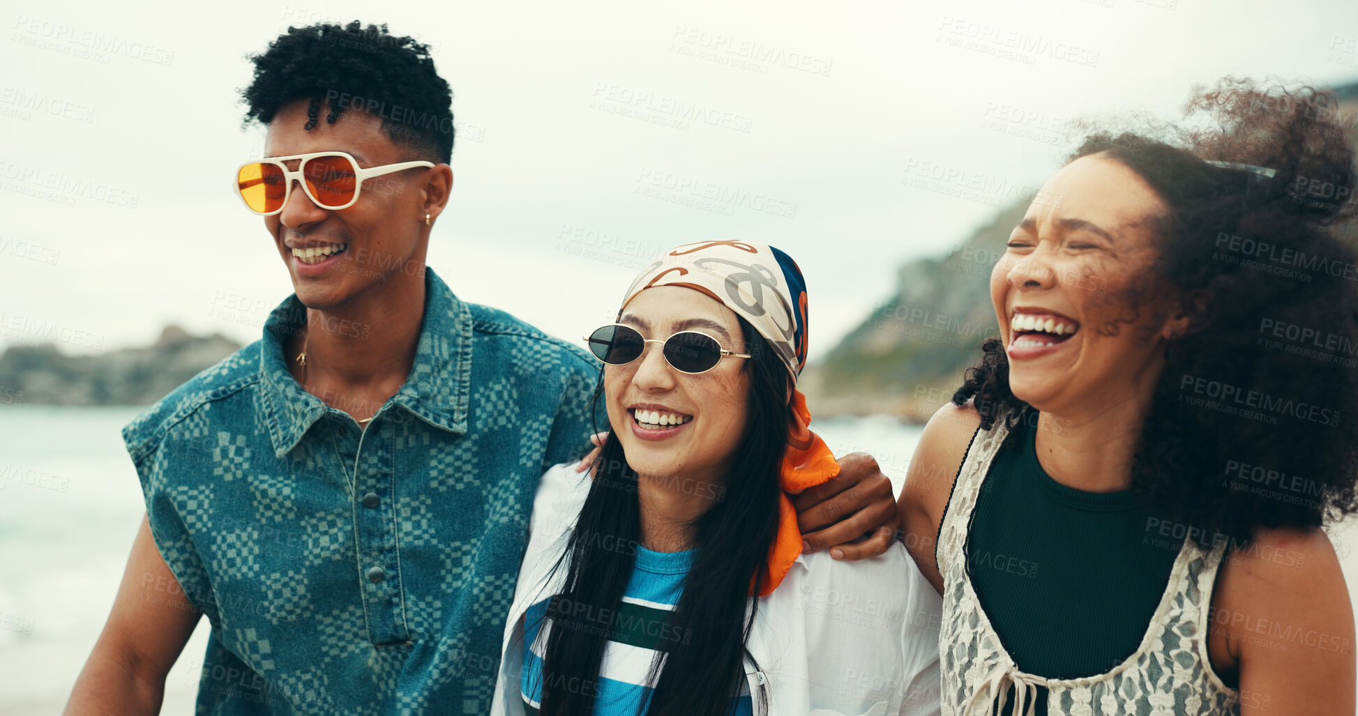 Buy stock photo Friends, beach and group laugh with sunglasses, hug and fashion for holiday, adventure or summer vacation. Happy, man and women with shades, ocean and travel bonding for weekend trip to Miami journey