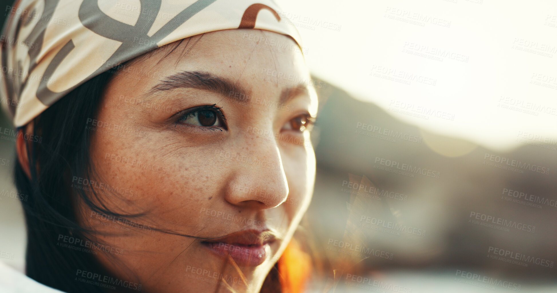 Buy stock photo Thinking, travel and woman on vacation, wind and daydreaming of paradise, breeze and tourism for summer. Outdoor, space and Asian person on holiday, relax and fresh air for tourist, calm and nature