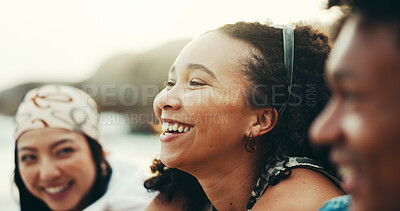 Buy stock photo People, laughing and relax on beach outdoor for travel reunion, summer vacation and talk for funny joke. Smile, friends and women with discussion for holiday getaway, social gathering or weekend trip
