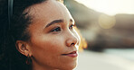 Happy woman, face and thinking with fresh air for beach, vacation or holiday dream in nature. Calm, female person or profile of thoughtful tourist with vision for serenity, freedom or summer break