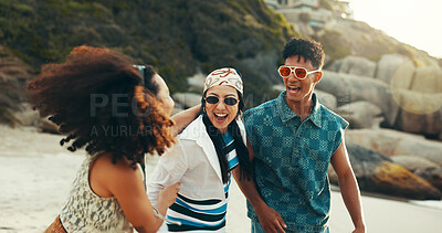 Buy stock photo Friends, beach and group with sunglasses, laugh and energy for holiday, adventure or summer vacation. Happy, man and women with shades, ocean and travel bonding for weekend trip to Miami sea journey