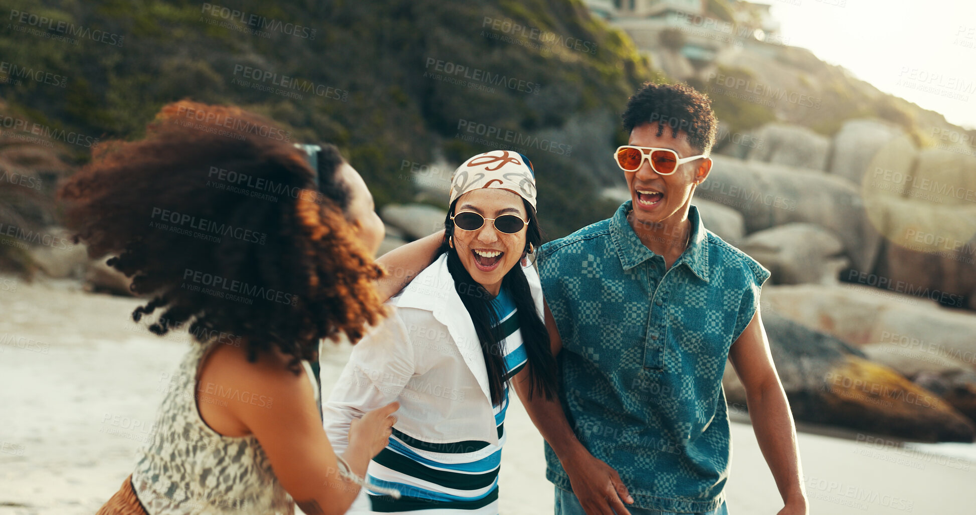 Buy stock photo Friends, beach and group with sunglasses, laugh and energy for holiday, adventure or summer vacation. Happy, man and women with shades, ocean and travel bonding for weekend trip to Miami sea journey