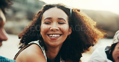 Buy stock photo Woman, laughing and relax on beach outdoor for travel reunion, summer vacation and talk for funny joke. Smile, friends and women with discussion for holiday getaway, social gathering and weekend trip