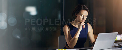 Buy stock photo Night, woman and thinking at laptop for business, planning or economy research in office banner. Trader, reading or tech in firm for stock market news, overtime or cryptocurrency information at bokeh