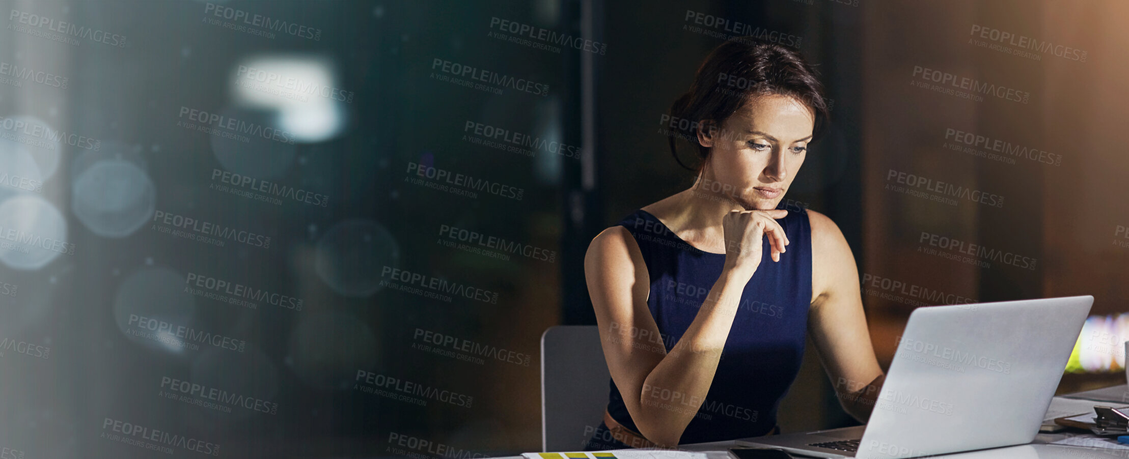 Buy stock photo Night, woman and thinking at laptop for business, planning or economy research in office banner. Trader, reading or tech in firm for stock market news, overtime or cryptocurrency information at bokeh