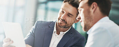 Buy stock photo Businessmen, financial advisor and tablet with client on banner for stock market research or trading at office. Business people, broker or accountant with technology for finance advice or investment