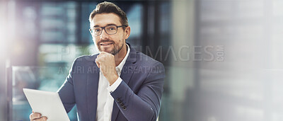 Buy stock photo Portrait, happy and man with tablet, office and confident of market analysis, trader and corporate. Proud, online and professional with glasses, digital and smile for business, investment and tech