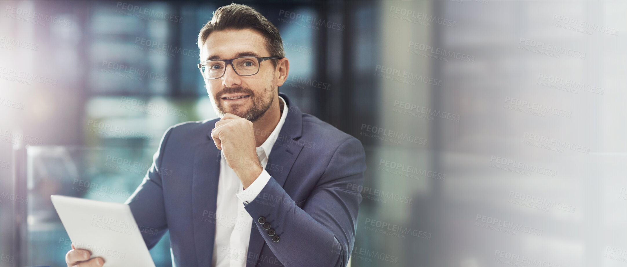 Buy stock photo Portrait, happy and man with tablet, office and confident of market analysis, trader and corporate. Proud, online and professional with glasses, digital and smile for business, investment and tech