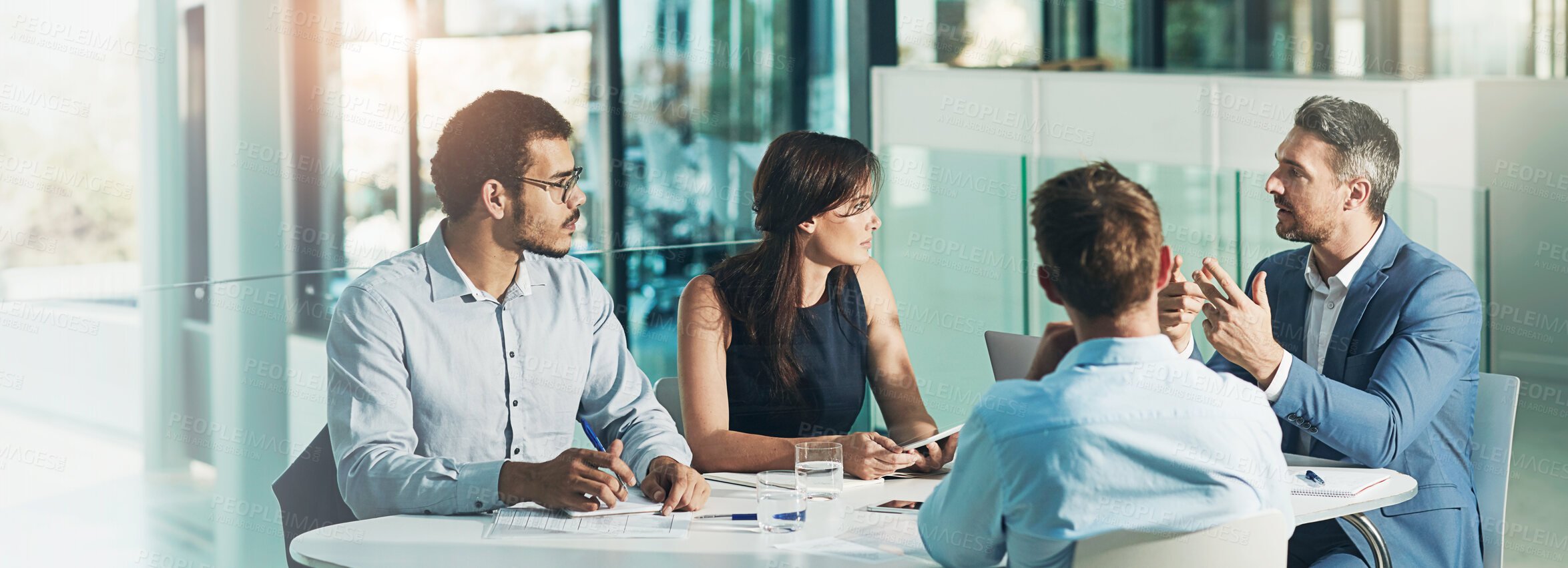 Buy stock photo Leader, meeting or business people with feedback for planning, investment research or budget advice. Mentorship, banner and financial advisor in discussion for accounting review, teamwork and report