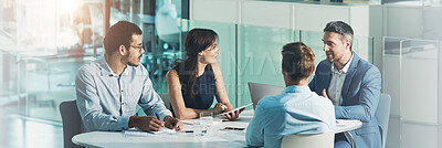 Buy stock photo Leader, meeting or business people with banner for planning, investment research or budget advice. Mentorship, laptop and financial advisor in discussion for accounting review, teamwork and report