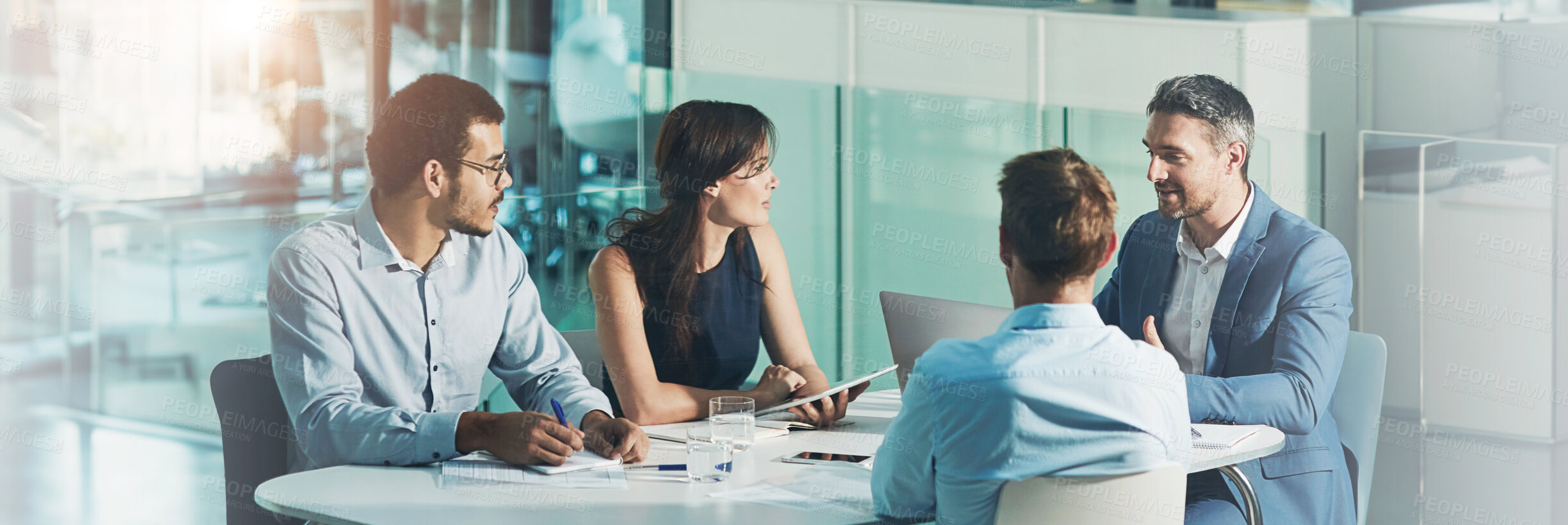 Buy stock photo Leader, meeting or business people with banner for planning, investment research or budget advice. Mentorship, laptop and financial advisor in discussion for accounting review, teamwork and report