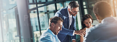 Buy stock photo Manager, banner or business people with paperwork for planning, investment research or budget advice. Teamwork, mentor and financial advisor in discussion for accounting feedback, meeting and report