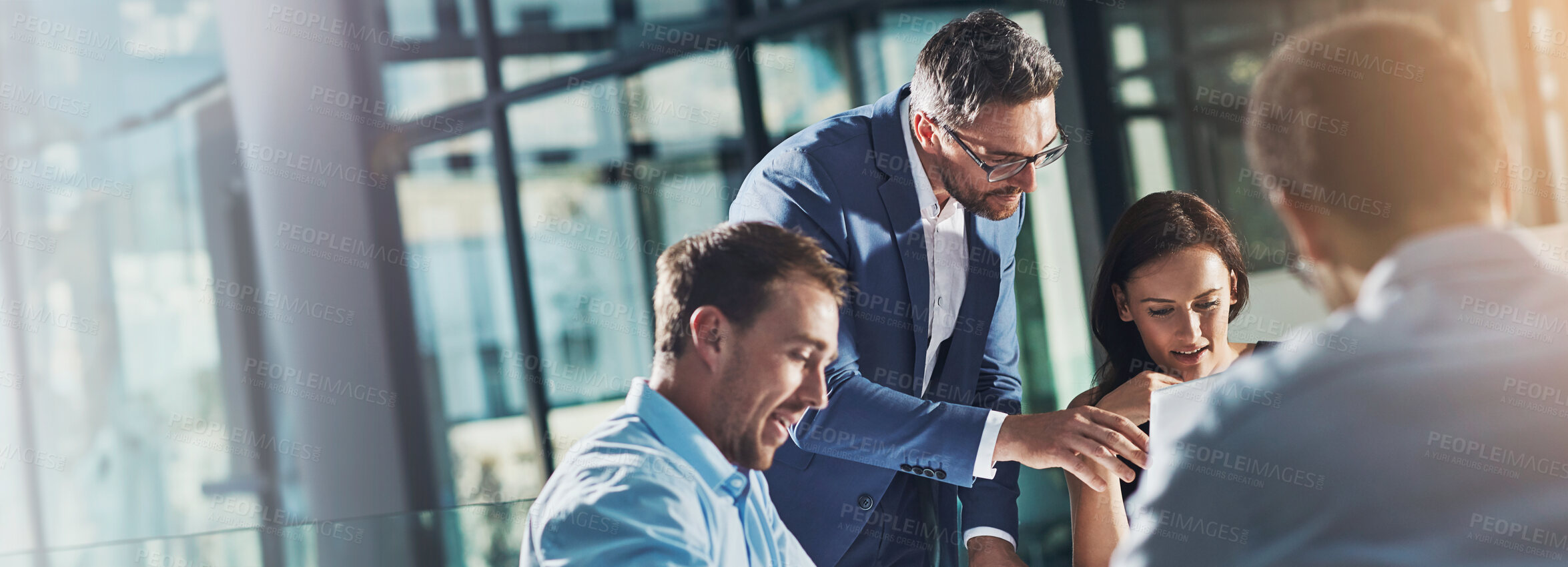 Buy stock photo Manager, banner or business people with paperwork for planning, investment research or budget advice. Teamwork, mentor and financial advisor in discussion for accounting feedback, meeting and report