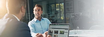 Buy stock photo Banner, teamwork and laptop with business people in office for web design, planning and target audience research. Collaboration, advice and project with employees in creative agency for meeting