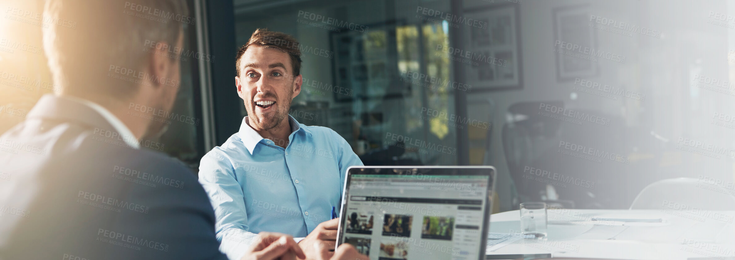 Buy stock photo Banner, teamwork and laptop with business people in office for web design, planning and target audience research. Collaboration, advice and project with employees in creative agency for meeting