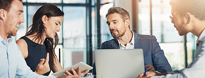 Buy stock photo Banner, planning and laptop with business people in meeting for web design, teamwork and target audience research. Collaboration, advice and project with employees in creative agency with tablet
