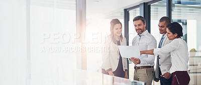 Buy stock photo Banner, business people and paperwork for discussion, collaboration and advice as feedback in office. Group, document and diversity as teamwork, lens flare and mentorship in brainstorming for company