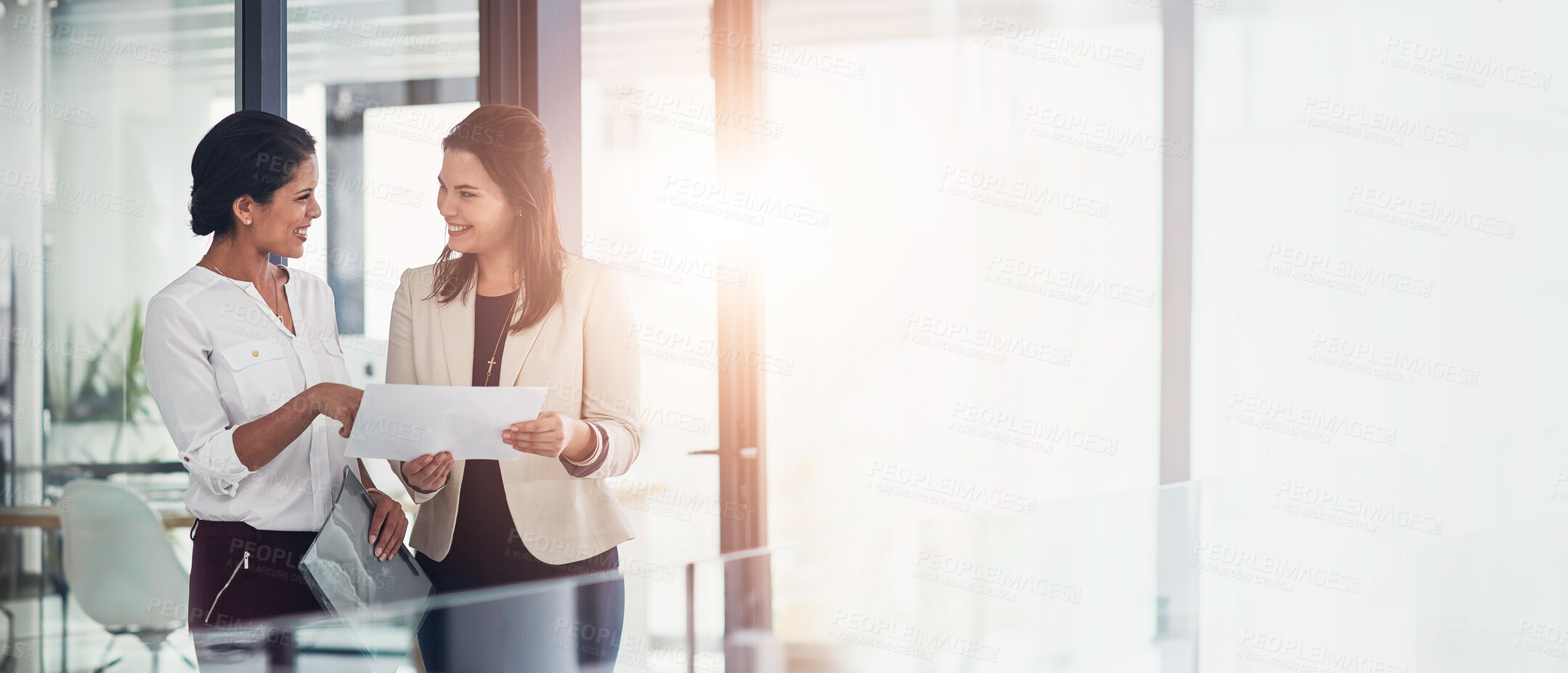 Buy stock photo Banner, business women and paperwork for discussion, collaboration and advice as feedback in office. People, document and project with teamwork, lens flare and communication for accounting in company