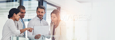 Buy stock photo Banner, business people and document for discussion, collaboration and advice as feedback in office. Group, paperwork and diversity as teamwork, lens flare and mentorship in brainstorming for company