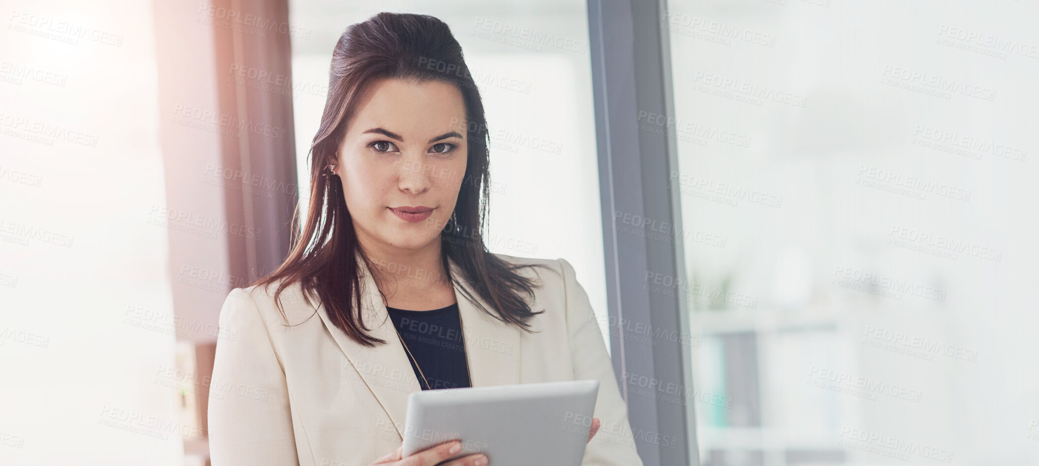 Buy stock photo Business woman, portrait and finance with tablet for corporate budget, financial management or schedule at office. Female person, employee or accountant with technology or app on banner at workplace