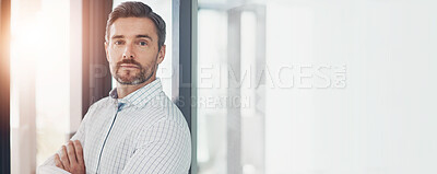 Buy stock photo Mature, business man and portrait with arms crossed in office for investment management and financial reporting. Banner, finance manager and serious for company compliance or guidance on mockup space