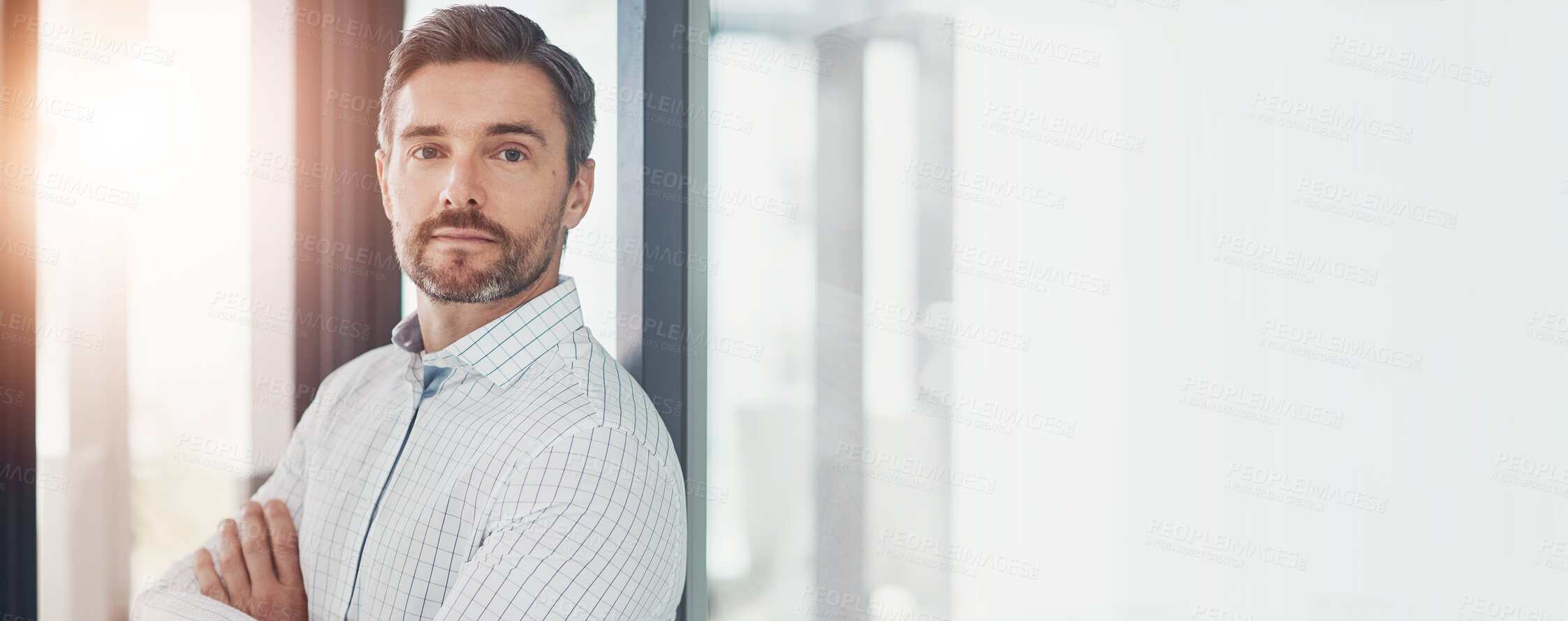 Buy stock photo Mature, business man and portrait with arms crossed in office for investment management and financial reporting. Banner, finance manager and serious for company compliance or guidance on mockup space