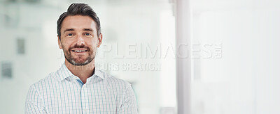 Buy stock photo Portrait, business and man with smile in office for about us, corporate career and financial consultant. Happy, person and banner with investment growth, legal advice and mockup space of opportunity 