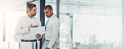 Buy stock photo Banner, businessmen and paperwork for discussion, collaboration and advice as feedback in office. Male people, document and review with teamwork, mentorship and conversation as leadership for company