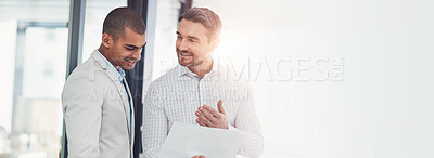 Buy stock photo Banner, businessmen and paperwork for review, collaboration and advice as feedback in office. Male people, document and discussion with teamwork, lens flare and conversation as leadership for company