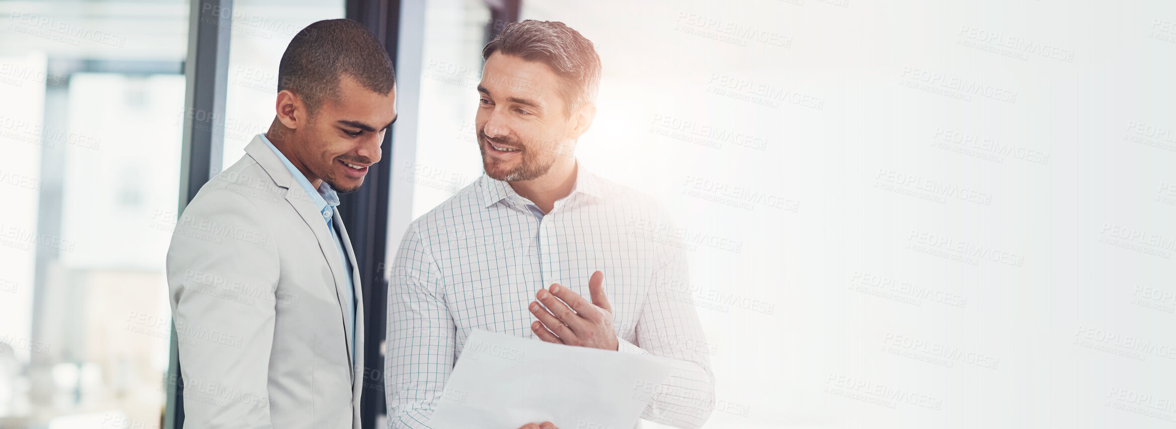 Buy stock photo Banner, businessmen and paperwork for review, collaboration and advice as feedback in office. Male people, document and discussion with teamwork, lens flare and conversation as leadership for company