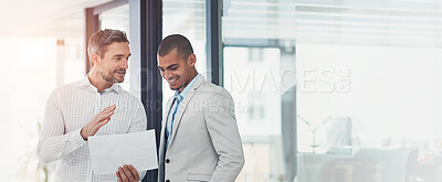 Buy stock photo Banner, businessmen and document for review, collaboration and advice as feedback in office. Male people, paperwork and discussion with teamwork, lens flare and conversation as leadership for company