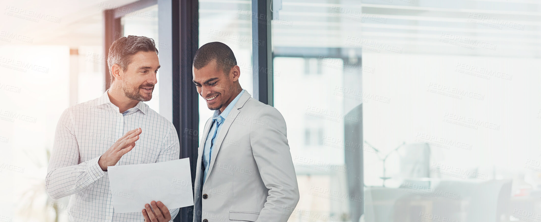 Buy stock photo Banner, businessmen and document for review, collaboration and advice as feedback in office. Male people, paperwork and discussion with teamwork, lens flare and conversation as leadership for company