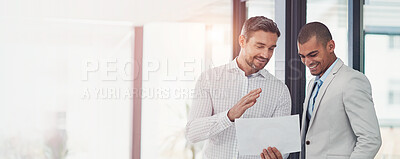 Buy stock photo Banner, business people and paperwork for discussion, collaboration and advice as feedback in office. Male person, document and project as team, lens flare and mentorship in brainstorming for company