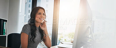 Buy stock photo Computer, smile and web development with business woman at desk in office for planning or research. Banner, mockup space and solution with happy employee in workplace for online review of information