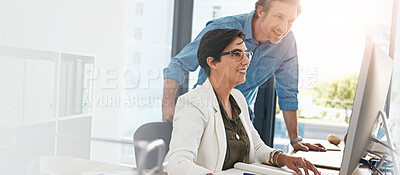Buy stock photo Computer, collaboration and happy business people training with mentor for help with sales budget in office. Planning, smile and coaching intern in meeting for team discussion or learning new skills