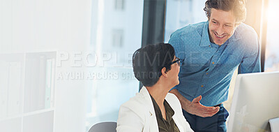 Buy stock photo Computer, team and happy business people training with mentor for help with sales budget in office. Planning, smile and coaching intern in meeting for cooperation, discussion and learning new skills