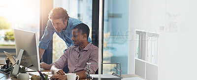 Buy stock photo Learning, team and business men on computer with mentor for help, creative feedback or startup. Planning, manager and training intern for cooperation, copywriting or problem solving on banner space