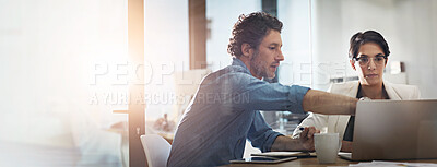 Buy stock photo Laptop, team and business people planning, help and feedback in office. Discussion, computer or collaboration with project manager in meeting for training, brainstorming and problem solving on banner