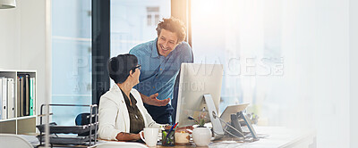 Buy stock photo Team, help and happy business people with mentor on computer for advice, idea or office training. Planning, smile or coaching intern in meeting for cooperation, discussion or learning on banner space