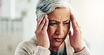 House, stress and senior woman with headache, burnout and tension with pain. Pensioner, anxiety or elderly person with migraine, retirement or aged with burnout, frustrated or fail with mental health