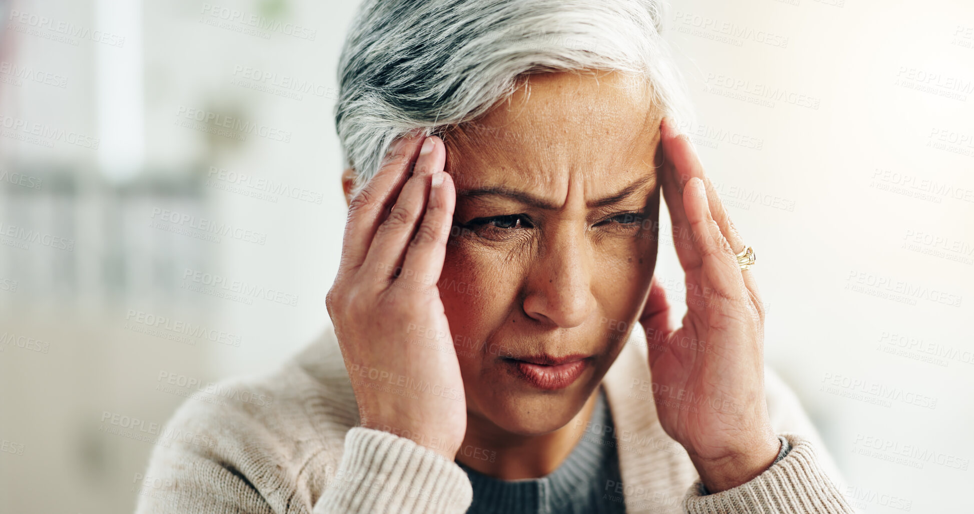 Buy stock photo House, stress and senior woman with headache, burnout and tension with pain. Pensioner, anxiety or elderly person with migraine, retirement or aged with burnout, frustrated or fail with mental health